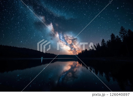 Night Sky Wonder With a Shimmering Lake and Celestial Reflections. Generative AI 126040897