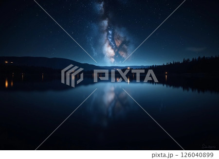Starlit Reflection Over a Tranquil Lake Under a Mesmerizing Night Sky. Generative AI 126040899