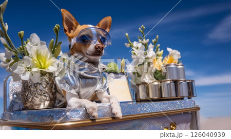 Trendy chihuahua in holographic outfit with summer flowers and metallic details. Mermaidcore vibe meets youth luxury aesthetic in this playful, surreal vacation moment under blue skies. 126040939