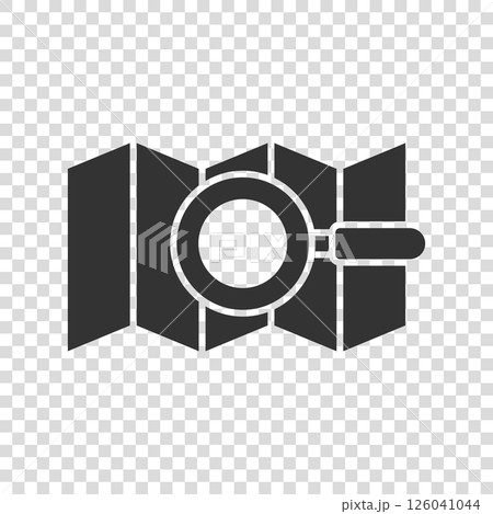 Map with magnifier icon in flat style. Gps navigation vector illustration on white isolated background. Locate position business concept. 126041044