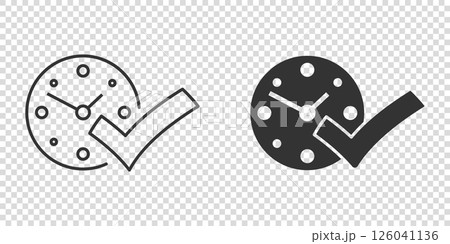 Clock check mark icon in flat style. Timer approval vector illustration on white isolated background. Confirm business concept. 126041136
