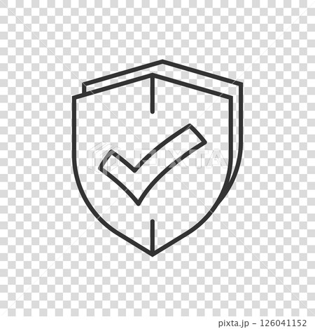 Shield with check mark icon in flat style. Protect vector illustration on white isolated background. Checkmark guard business concept. 126041152