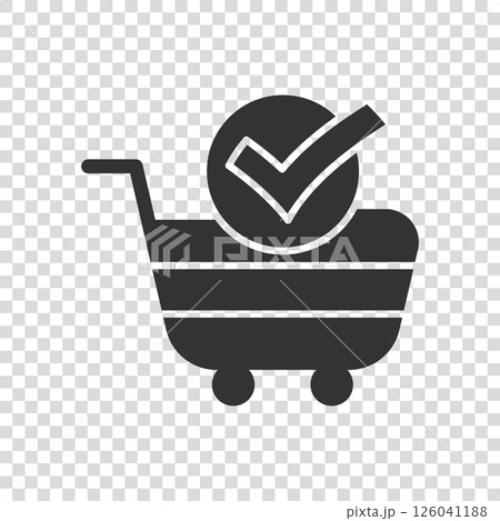 Shopping cart check mark icon in flat style. Buy approval vector illustration on white isolated background. Confirm business concept. Shopping cart check mark icon in flat style. Buy approval vector illustration on white isolated background. Confirm business concept. 126041188
