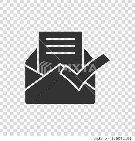 Envelope with confirmed document icon in flat style. Verify vector illustration on white isolated background. Receive business concept. Envelope with confirmed document icon in flat style. Verify vector illustration on white isolated background. Receive business concept. 126041191