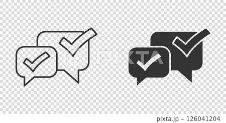 Speak chat sign icon in flat style. Speech bubble with check mark vector illustration on white isolated background. Team discussion button business concept. 126041204