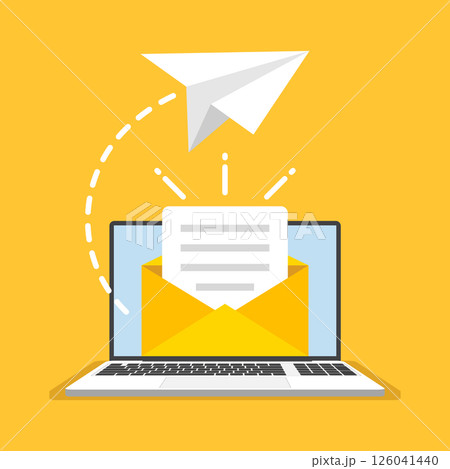 Laptop with envelope icon in flat style. Computer vector illustration on isolated background. Email notification sign business concept. 126041440