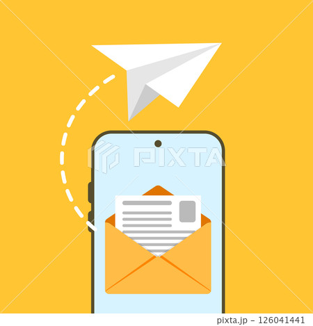 Send email from smartphone icon in flat style. Paper plane vector illustration on isolated background. Message transfer sign business concept. 126041441