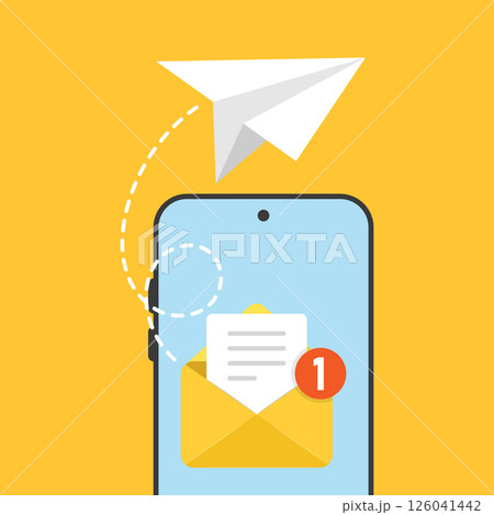 Send email from smartphone icon in flat style. Paper plane vector illustration on isolated background. Message transfer sign business concept. 126041442