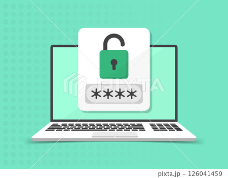 Laptop with account login icon in flat style. Password form page vector illustration on isolated background. User authorization sign business concept. Laptop with account login icon in flat style. Password form page vector illustration on isolated background. User authorization sign business concept. 126041459