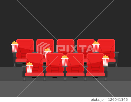 Movie seat with popcorn icon in flat style. Theater armchair vector illustration on isolated background. Spectacle sign business concept. Movie seat with popcorn icon in flat style. Theater armchair vector illustration on isolated background. Spectacle sign business concept. 126041546