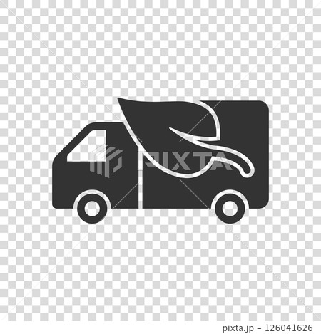 Eco truck icon in flat style. Ecology shipping vector illustration on white isolated background. Van and leaf sign business concept. Eco truck icon in flat style. Ecology shipping vector illustration on white isolated background. Van and leaf sign business concept. 126041626