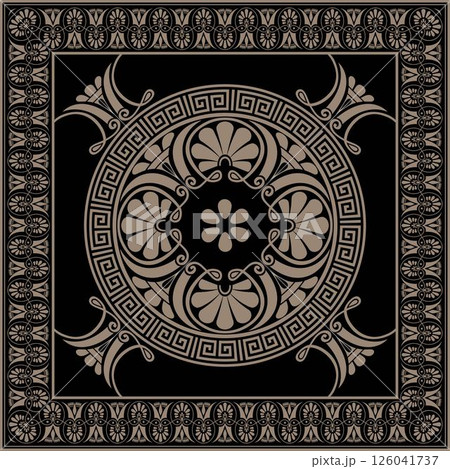 Golden black classic Greek square ornament. Rectangle of Ancient Greece, Roman Empire. Byzantine painting of walls, floors, ceilings. Decoration of European palaces. For square surface, textile 126041737