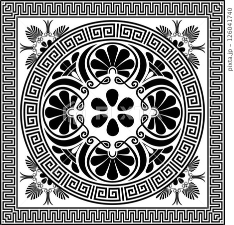 Greek vector square seamless pattern. Greek key meanders, floral ornaments. Black and white classic Greek square ornament, Ornamental greek key meanders, frames, borders, frames. Ornate greek style 126041740