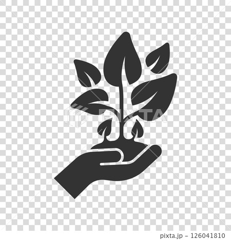 Hand with plant icon in flat style. Flower sprout vector illustration on white isolated background. Environmental protection sign business concept. 126041810