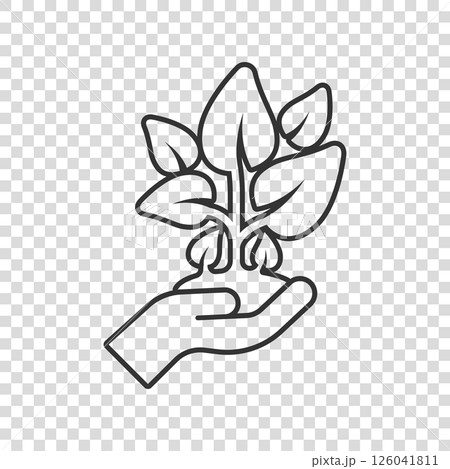 Hand with plant icon in flat style. Flower sprout vector illustration on white isolated background. Environmental protection sign business concept. Hand with plant icon in flat style. Flower sprout vector illustration on white isolated background. Environmental protection sign business concept. 126041811