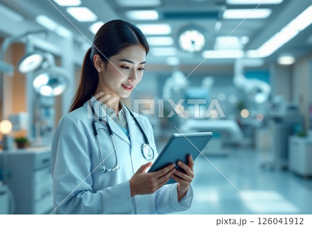Medical Professional Engages With Tablet in a Modern Healthcare Environment. Generative AI 126041912