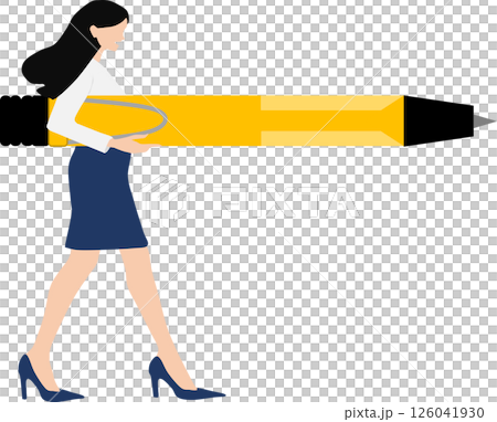一位女商人拿著一支大原子筆的插圖 一位女商人拿著一支大原子筆的插圖 126041930
