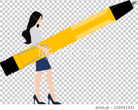 一位女商人拿著一支大原子筆的插圖 126041932