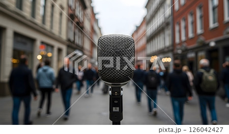Modern microphone on busy urban street with crowd of pedestrians in background Modern microphone on busy urban street with crowd of pedestrians in background 126042427