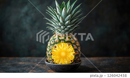 Fresh Pineapple with Cut Section Displayed on Dark Background in Studio Setting 126042438