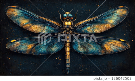 Vibrant Dragonfly with Intricate Patterns and Captivating Colors on a Dark Background Vibrant Dragonfly with Intricate Patterns and Captivating Colors on a Dark Background 126042502