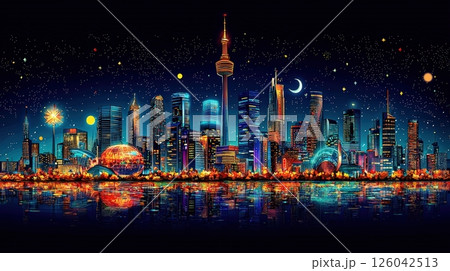 Vibrant Nighttime Cityscape with Skyline, Stars, and Reflections on Calm Water 126042513
