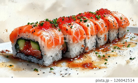 Delicious Salmon Sushi Rolls with Fresh Ingredients and Colorful Toppings on White Plate 126042514