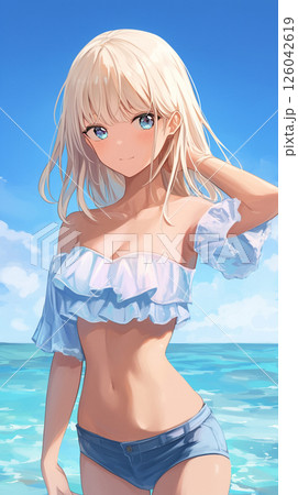 海を背景に日焼けした金髪女性 126042619
