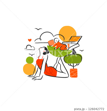 Hand drawn vector graphic cartoon line illustration with woman does yoga and keeps her life in balance. Multitasking mother with baby child meditating in harmony. Business mother life concept. Hand drawn vector graphic cartoon line illustration with woman does yoga and keeps her life in balance. Multitasking mother with baby child meditating in harmony. Business mother life concept. 126042772