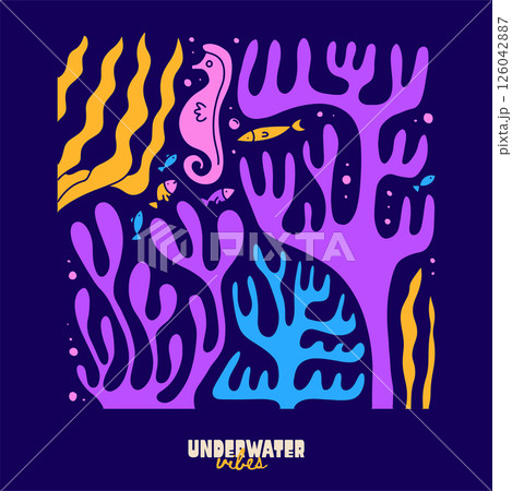Underwater sea seaweed coral and fish cartoon square composition. Ocean abstract coral reef, marine or aquarium flat vector illustration. Undersea exotic design naive seascape background 126042887