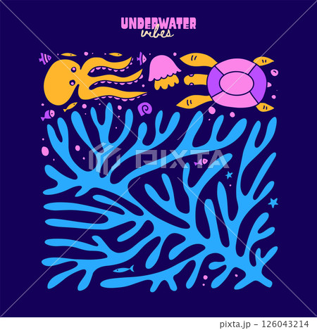 Underwater sea world abstract cartoon composition. Ocean coral reef, marine or aquarium with octopus, jellyfish, turtle naive hand drawn illustration. Abstract exotic vector card. Undersea seascape 126043214