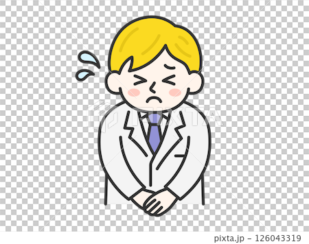 一位白人男醫生（線條畫顏色）低頭道歉的插圖 126043319