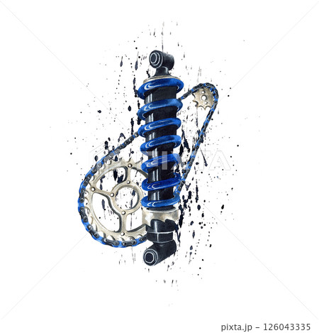 Motorbike chain, shock absorber, damper on watercolor black splatters, spray. Hand drawn Illustration isolated from background. Moto equipment for biker, logo motorcycle workshop and repairing Motorbike chain, shock absorber, damper on watercolor black splatters, spray. Hand drawn Illustration isolated from background. Moto equipment for biker, logo motorcycle workshop and repairing 126043335