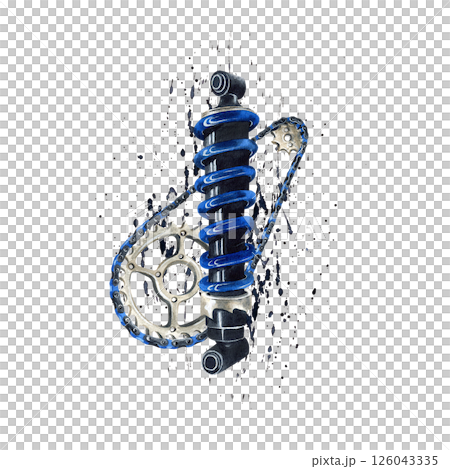 Motorbike chain, shock absorber, damper on watercolor black splatters, spray. Hand drawn Illustration isolated from background. Moto equipment for biker, logo motorcycle workshop and repairing Motorbike chain, shock absorber, damper on watercolor black splatters, spray. Hand drawn Illustration isolated from background. Moto equipment for biker, logo motorcycle workshop and repairing 126043335