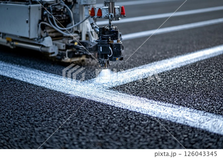 Road Marking Machine Paints Fresh Lines on a Busy Urban Street. Generative AI 126043345