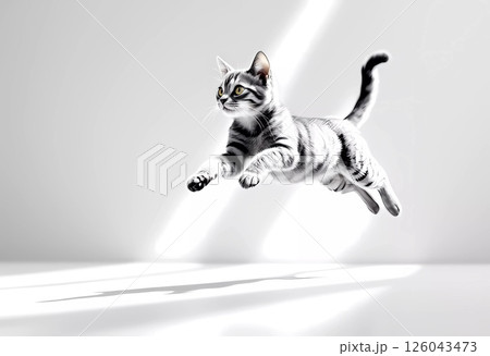 Graceful Cat Leaps Through Soft Rays of Sunlight in a Serene Indoor Space. Generative AI 126043473