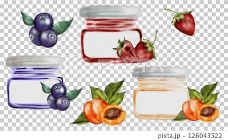 Jam watercolor illustration. Hand drawn canned sweets on white background. Clip art food. Ideal for packaging goods with jam apricot, blueberry and strawberry. Organic food Jam watercolor illustration. Hand drawn canned sweets on white background. Clip art food. Ideal for packaging goods with jam apricot, blueberry and strawberry. Organic food 126043522