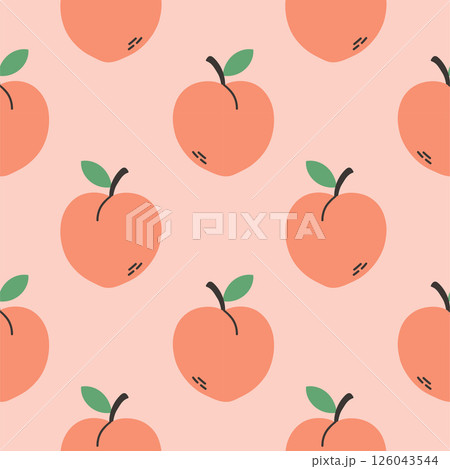 Peach summer pattern on pink background. Simple seamless pattern with peaches. Vector design for greeting card and invitation of seasonal summer holiday Peach summer pattern on pink background. Simple seamless pattern with peaches. Vector design for greeting card and invitation of seasonal summer holiday 126043544