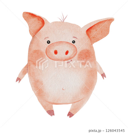 Piglet or piggy watercolor drawing. Hand drawn illustration of pig on white background. Clip art of cute farm animal character. Ideal for stickers, cards and baby educational cards Piglet or piggy watercolor drawing. Hand drawn illustration of pig on white background. Clip art of cute farm animal character. Ideal for stickers, cards and baby educational cards 126043545