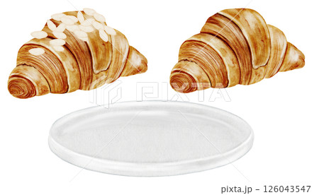 Croissant watercolor set. Hand drawn fresh french bun with a white plate. Food clip art. Ideal for bakery prints, postcards and pastry shop posters. Croissant watercolor set. Hand drawn fresh french bun with a white plate. Food clip art. Ideal for bakery prints, postcards and pastry shop posters. 126043547