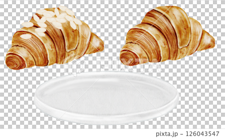 Croissant watercolor set. Hand drawn fresh french bun with a white plate. Food clip art. Ideal for bakery prints, postcards and pastry shop posters. Croissant watercolor set. Hand drawn fresh french bun with a white plate. Food clip art. Ideal for bakery prints, postcards and pastry shop posters. 126043547