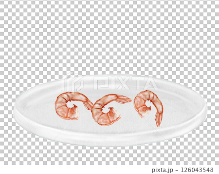 Shrimp on a plate watercolor. Hand drawn crustacean on isolated white background. Food clip art. Ideal for restaurant menus, product packaging and cookbook design Shrimp on a plate watercolor. Hand drawn crustacean on isolated white background. Food clip art. Ideal for restaurant menus, product packaging and cookbook design 126043548