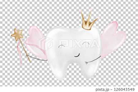 Baby tooth watercolor. Cute cartoon molar with crown and a magic wand on isolated white background. Dental clip art. Ideal for cards and invitations to the party baby's first tooth, posters in the Baby tooth watercolor. Cute cartoon molar with crown and a magic wand on isolated white background. Dental clip art. Ideal for cards and invitations to the party baby's first tooth, posters in the 126043549