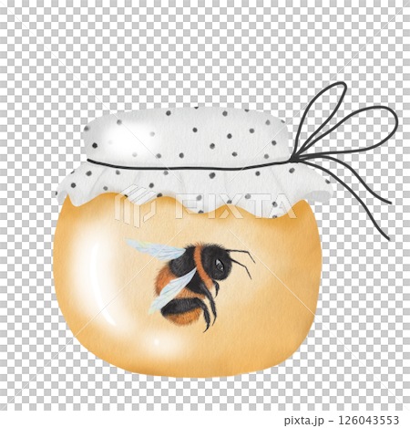 Jar with honey watercolor. Hand drawn dessert on white background. Ideal for tags and labels of organic farm honey Jar with honey watercolor. Hand drawn dessert on white background. Ideal for tags and labels of organic farm honey 126043553