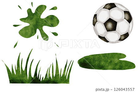 Football watercolor set. Soccer ball and grass and green blot on a white background. Ideal for children's and sports equipment, packaging Football watercolor set. Soccer ball and grass and green blot on a white background. Ideal for children's and sports equipment, packaging 126043557