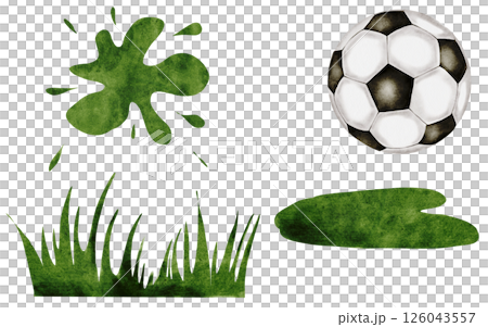 Football watercolor set. Soccer ball and grass and green blot on a white background. Ideal for children's and sports equipment, packaging Football watercolor set. Soccer ball and grass and green blot on a white background. Ideal for children's and sports equipment, packaging 126043557