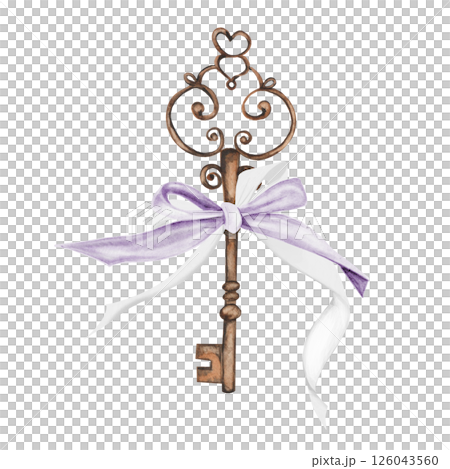 Vintage key watercolor. Hand drawn bronze key with violet bow on isolated white background. Clip art shabby chic. Ideal for posters, postcards and blog design Vintage key watercolor. Hand drawn bronze key with violet bow on isolated white background. Clip art shabby chic. Ideal for posters, postcards and blog design 126043560