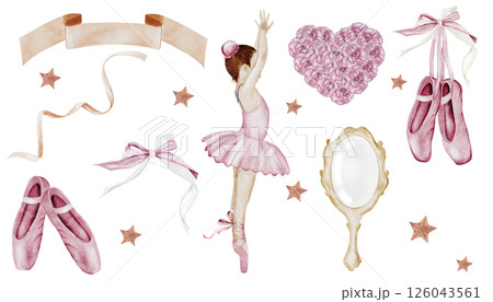 Ballet set watercolor. Hand drawn watercolor ballerina collection. Accessories for dancing girl. Perfect for ballet school, banners and cards 126043561