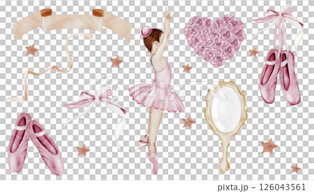 Ballet set watercolor. Hand drawn watercolor ballerina collection. Accessories for dancing girl. Perfect for ballet school, banners and cards 126043561