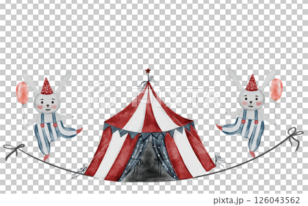 Cute circus watercolor banner. Rabbits acrobats and a tent. Hand drawn cute animals on isolated white background. Clip art of vintage bunnies with balloons balancing on a rope. Perfect for posters and Cute circus watercolor banner. Rabbits acrobats and a tent. Hand drawn cute animals on isolated white background. Clip art of vintage bunnies with balloons balancing on a rope. Perfect for posters and 126043562